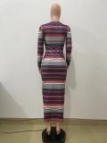 Women Ribbed Printed Stripe Round Neck Long Sleeve Dress