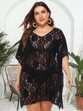 Plus Size Women Sexy Lace Hollow See-Through V-neck Slit Beach Dress