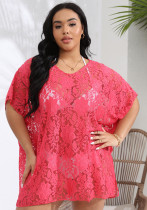 Plus Size Women Sexy Lace Hollow See-Through V-neck Slit Beach Dress Plus Size Women Sexy Lace Hollow See-Through V-neck Slit Beach Dress