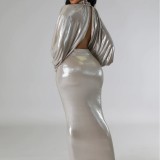 Women Sexy Long Sleeve Crop Top and Long Skirt Two-piece Set