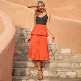 Women sexy sleeveless suspender pleated skirt