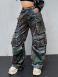 Women Tie Dye Loose Loose Multi Pockets Graffiti Cargo Denim
