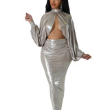 Women Sexy Long Sleeve Crop Top and Long Skirt Two-piece Set