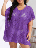 Plus Size Women Sexy Lace Hollow See-Through V-neck Slit Beach Dress