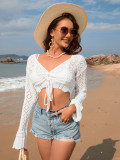 Women Spring and Summer Tie Rope Blouse V-Neck Solid Top