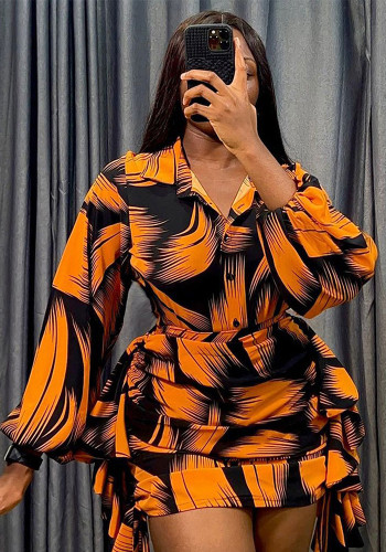 Printed Puff Sleeve Shirt Short Skirt Plus Size Two-Piece Set