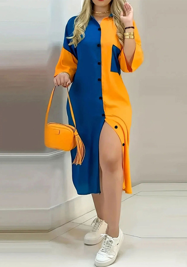 Contrast Color Patchwork Plus Size Women's Turndown Collar Half Sleeve Long Shirt Dress
