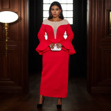 Round Neck See-Through Beaded Flare Sleeve Sexy Peplum Dress