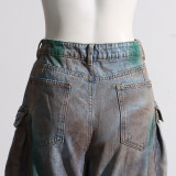 Women Tie Dye Loose Loose Multi Pockets Graffiti Cargo Denim