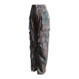 Women Tie Dye Loose Loose Multi Pockets Graffiti Cargo Denim