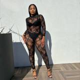 Fashion Women's Lace See-Through Lace Tight Sexy Jumpsuit