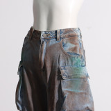 Women Tie Dye Loose Loose Multi Pockets Graffiti Cargo Denim