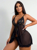 Sexy Black Lace Mesh Slit Nightdress Panty Two Piece Lingerie Set