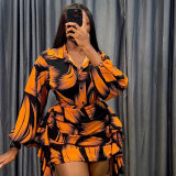 Printed Puff Sleeve Shirt Short Skirt Plus Size Two-Piece Set