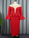 Round Neck See-Through Beaded Flare Sleeve Sexy Peplum Dress