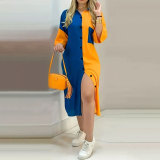 Contrast Color Patchwork Plus Size Women's Turndown Collar Half Sleeve Long Shirt Dress
