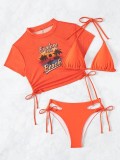 Solid Two Pieces Bikini Print Sun Protection T-Shirt Three-Piece Swimsuit