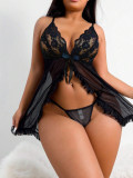 Sexy Black Lace Mesh Slit Nightdress Panty Two Piece Lingerie Set
