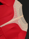 Round Neck See-Through Beaded Flare Sleeve Sexy Peplum Dress