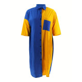 Contrast Color Patchwork Plus Size Women's Turndown Collar Half Sleeve Long Shirt Dress