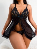 Sexy Black Lace Mesh Slit Nightdress Panty Two Piece Lingerie Set