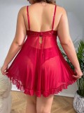Sexy Plus Size Burgundy Lace Mesh Slit Nightdress Panty Two Piece Lingerie Set