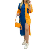 Contrast Color Patchwork Plus Size Women's Turndown Collar Half Sleeve Long Shirt Dress