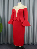 Round Neck See-Through Beaded Flare Sleeve Sexy Peplum Dress