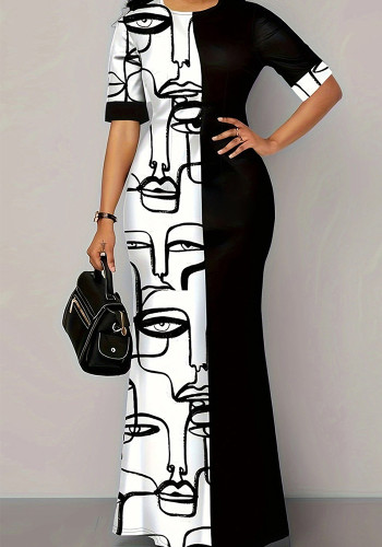 Plus Size Spring Summer Short Sleeve Contrast Print Patchwork Dress