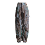Women Tie Dye Loose Loose Multi Pockets Graffiti Cargo Denim