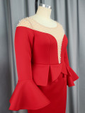 Round Neck See-Through Beaded Flare Sleeve Sexy Peplum Dress