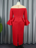 Round Neck See-Through Beaded Flare Sleeve Sexy Peplum Dress