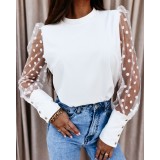 Spring Polka Dot Printed Mesh Long Sleeve Casual Round Neck Pullover Shirt