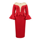 Round Neck See-Through Beaded Flare Sleeve Sexy Peplum Dress
