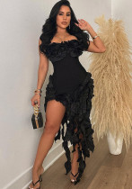 Strapless Solid Color Dress Sexy Irregular Fringed High Slit Dress Strapless Solid Color Dress Sexy Irregular Fringed High Slit Dress