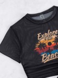 Solid Two Pieces Bikini Print Sun Protection T-Shirt Three-Piece Swimsuit