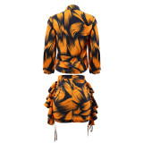 Printed Puff Sleeve Shirt Short Skirt Plus Size Two-Piece Set
