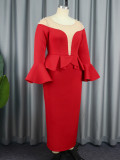 Round Neck See-Through Beaded Flare Sleeve Sexy Peplum Dress