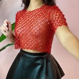 Women's Sexy Beaded Sequin Short-Sleeved Mesh Top T-Shirt