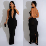 Women Solid Hollow Backless Sleeveless Maxi Dress