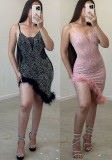 Women Sexy Beaded Mesh Patchwork See-Through Feathered Bodycon Mini Dress