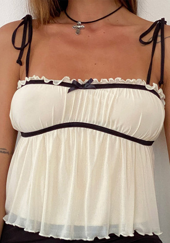 Women Lace-up Bow Suspender Sexy Solid Lace Top