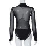 Women Winter Sexy Mesh Patchwork See-Through Long Sleeve Jumpsuit