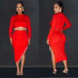 Women Solid Long Sleeve Dress Two Piece Set