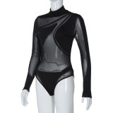 Women Winter Sexy Mesh Patchwork See-Through Long Sleeve Jumpsuit