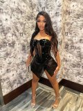 Women Sexy Sequined Mesh See-Through Irregular Slit Strapless Mini Dress