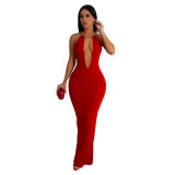 Women Solid Hollow Backless Sleeveless Maxi Dress