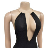 Women Solid Hollow Backless Sleeveless Maxi Dress