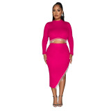 Women Solid Long Sleeve Dress Two Piece Set