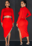 Women Solid Long Sleeve Dress Two Piece Set
